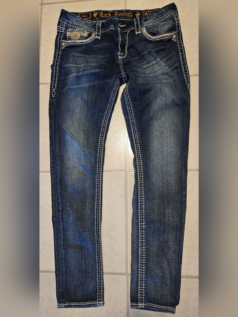 Rock Revival Women's Skinny Jeans - Dark Blue with White Stitching